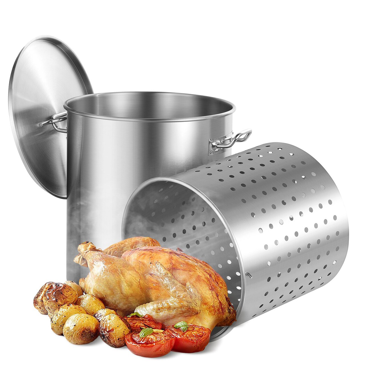 Stainless Steel Stockpot with Basket Lid and Handle for Boiling Steaming or Frying
